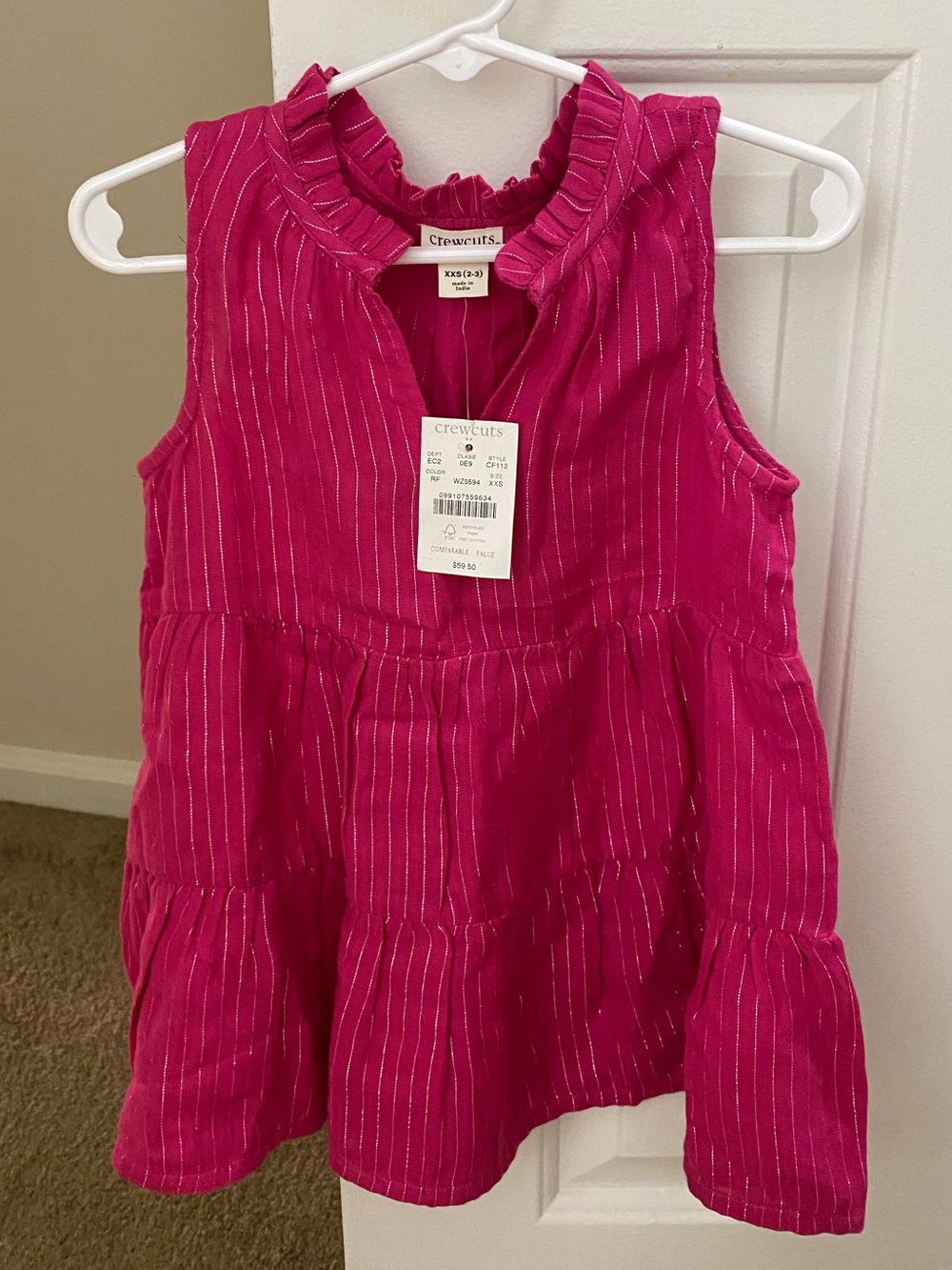 NWT Crewcuts XXS 2-3 years Bright Fuchsia Pink Metallic Stripe Tiered Dress